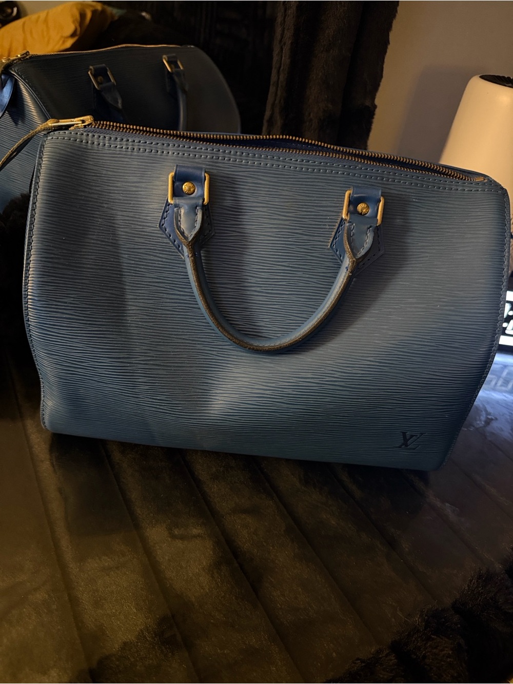 Authentic Louis Vuitton Toledo Blue Epi Leather Speedy 30 Vintage Handbag